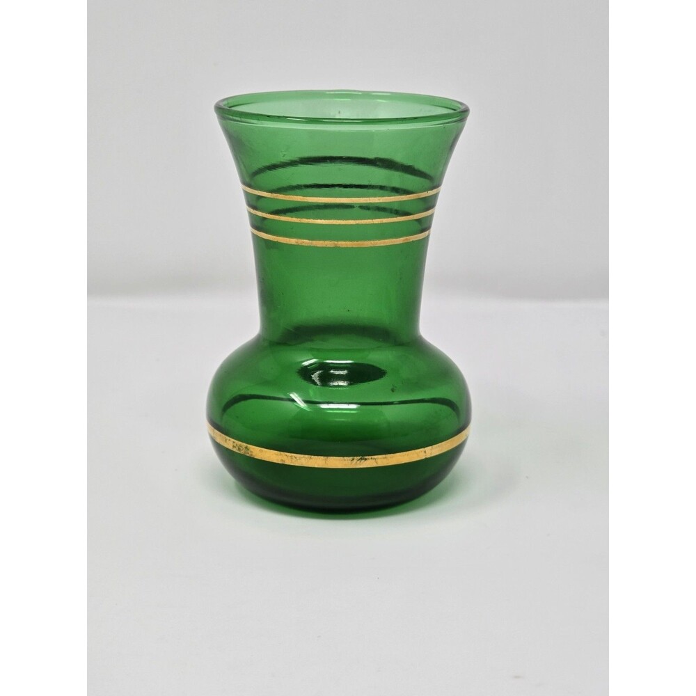 Vintage Anchor Small Emerald Green Glass Bud Vase Gold Striped